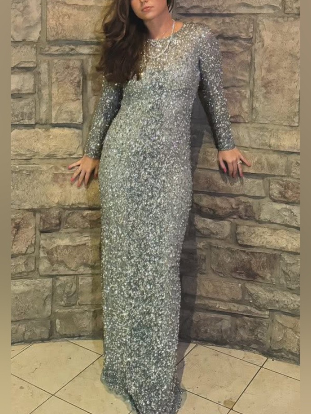 Silver Sequin Long Sleeve Evening Gown with open back Women's Formal Dress